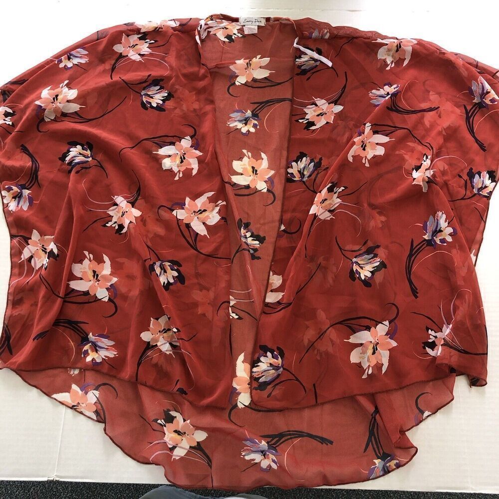 Emory Park Red Floral Open Kimono Topper Shrug Women’s 2XL A3404